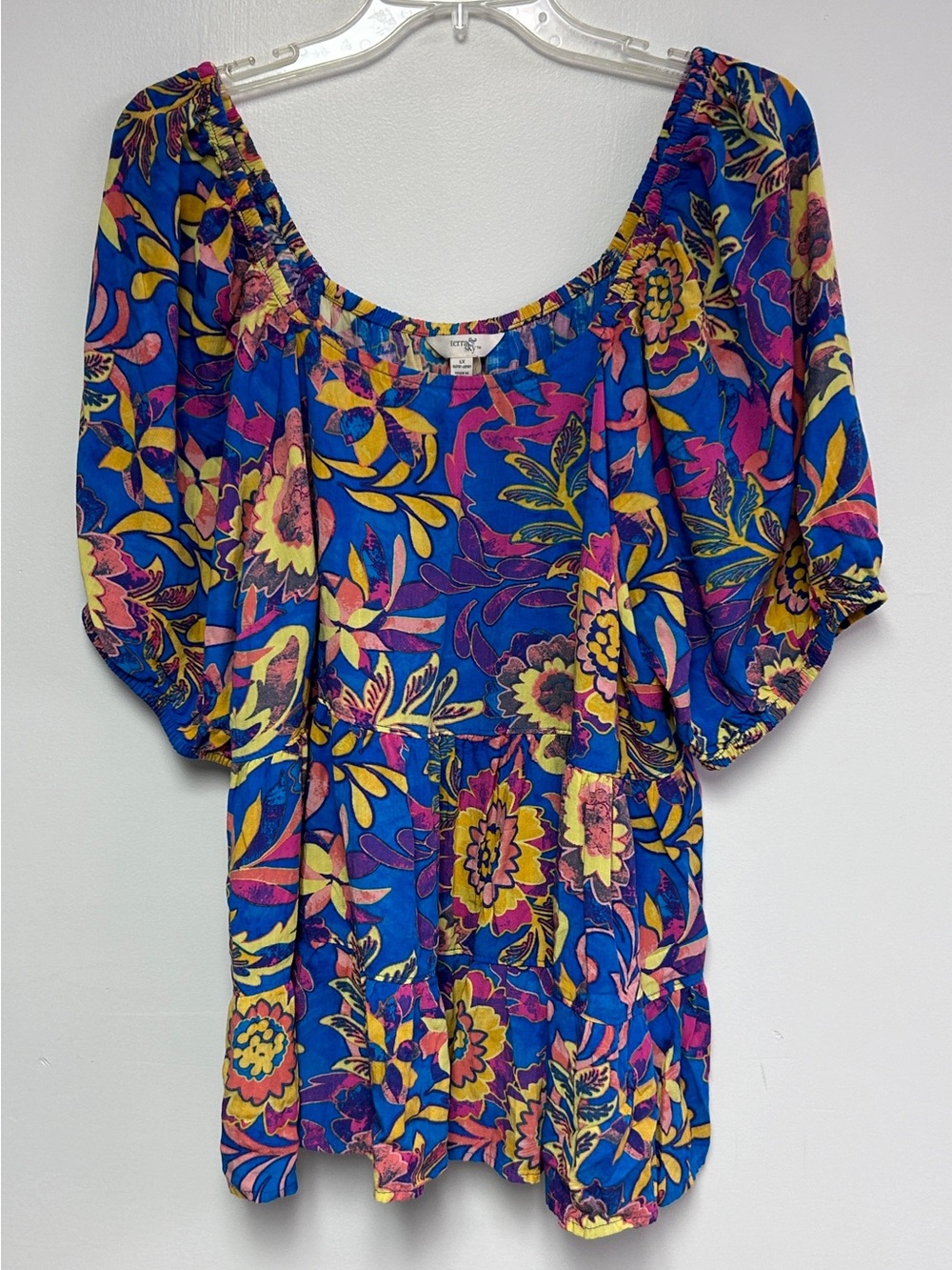 Terra & Sky Blue Floral Scoopneck Peasant Tunic Size 1x
